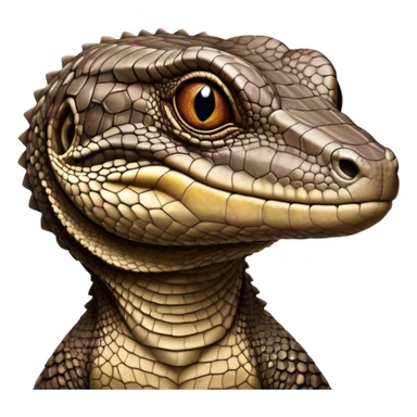 Cinematic Noble brown camo spotted monitor Lizard Portrait Emoji, Poised and regal, with a robust, scaled body exhibiting striking, mottled patterns and piercing, alert eyes, Simplified yet sharp and sophisticated features, highly detailed, glowing with a soft, earthy glow, high shine, intelligent and formidable, stylized with an air of ancient wilderness, focused and commanding, soft glowing outline, capturing the essence of a watchful and confident reptilian guardian that appears ready to stride out of the screen with effortless authority! sticker