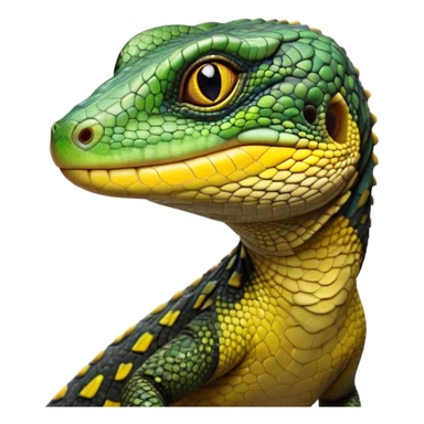 cinematic-realistic-cute-monitor-lizard-portrait-emoji,-head-tilted-playfully-and-inquisitively,-featuring-a-compact,-agile-body-with-finely-detailed,-glossy-scales-in-earthy-black and yellow-hues-and-a-distinct,-alert-face-with-bright,-curious-eyes, black , yellow spotted and green band  scales and a slender neck sticker
