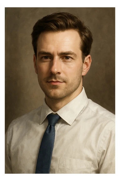 professional looking white pale man with brown hair, formal shirt, confident expression, semi-realistic digital art style sticker