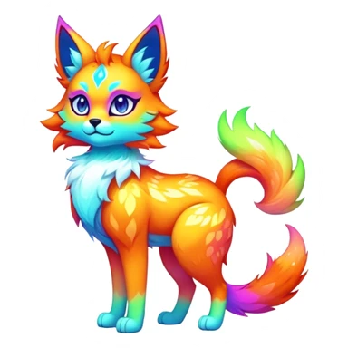 Vibrant multicolored neon-colored Falvie-Fionbri-creature-sparkle-feline-canine-hybrid-fursona, full body sticker