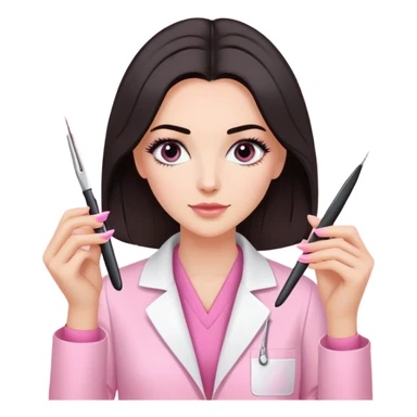 Mulher branca de cabelos pretos na altura dos ombros, vestindo jaleco rosa e segurando uma pinça de extensão de cílios sticker