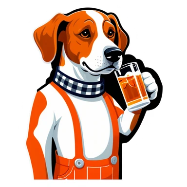 Hound dog in tangerine and white checkered overalls drinking whiskey sticker