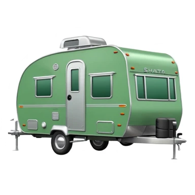 Shasta travel trailer, colored all green, the same green shade as movie trailer green preview card, grey tires and grey hitch sticker