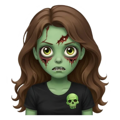 crie uma garotazoombie cabelo ondulado 2c longo castanho castanho comprido e blusa básica preta sem nada com pele esverdeada com rosto fofo sticker