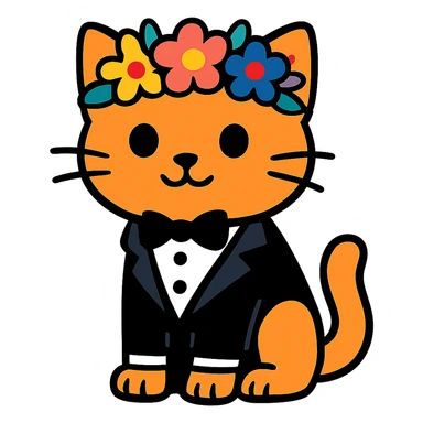 A kitten in a tuxedo with a flower crown sticker