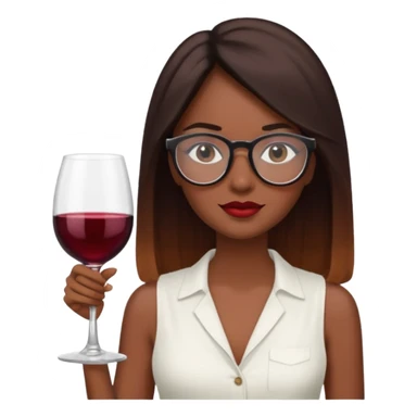 a woman with dark skin.
She has long, straight brown hair. with wine ombré hair 
He wears black-framed glasses. vintage oval.
She wears a white sleeveless blouse. sticker