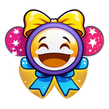 Smiling emoji with bow on top with sparkles around sticker