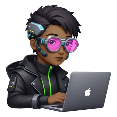 An emoji of a person with a laptop, but wearing cyberpunk glasses and with a slight neon glow sticker