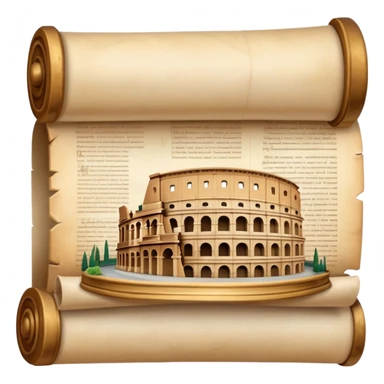 An icon featuring an ancient scroll, surrounded by famous historical landmarks and statues of notable figures, like the Colosseum or Napoleon. The design symbolizes the exploration of history through monuments and people. Transparent background highlights the pas sticker
