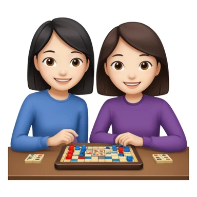 smiling asian girl and friend at a table with a boardgame sticker