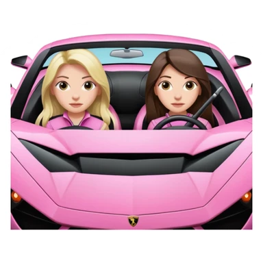 Make car far away so I can see full car Car facing forward in sports car. Make hair long  two girls in car far away Front of car sitting in the seats. Make it a pink sports car. They are two baddies make it a Lamborghini pink car  sticker