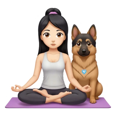 Asian, black hair and eyes, long straight hair, doing yoga, big eyes and nose, pretty, with a fat german shepherd sticker