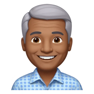 50 yr old indian man, dark skin, grey hair, big smile, white teeth, chubby, no moustache, clean shaven, young style hair, hair brushed back, 5 oclock shadow, dot on forehead, dress shirt sticker