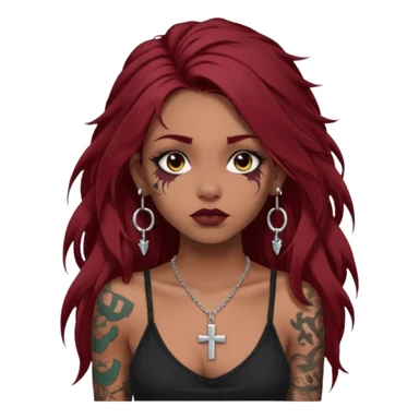 generate an ios genmoji of a dusky girl with long dark red messy hair with eyeliner on her eyes.  septum piercing, wearing a cami black top, has tattoos, on shoulders. ear piercings. wearing a cross silver necklace. carrying a big roll of fabric  sticker
