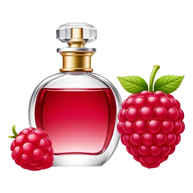 AVON women's perfume bottle next to a raspberry-shaped bottle sticker