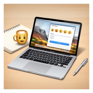 online booking system on MacBook screen next to an old-style paper notebook with a pen sticker