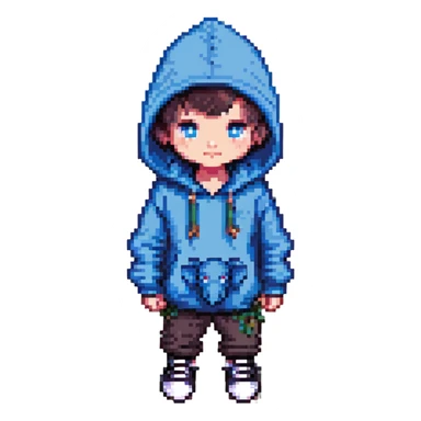 pixel art kid wearing a hoodie with an elephant inside the hoodie, black shoes, top hat, blue eyes sticker
