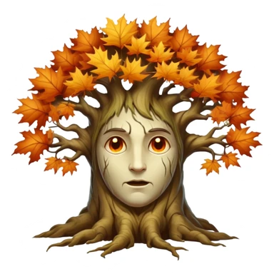 An ancient, psychic tree evolves by absorbing the essence of fallen autumn spirits, sprouting a radiant, maple-crowned face that channels both forest wisdom and fiery seasonal magic through its gnarled, all-seeing trunk. sticker