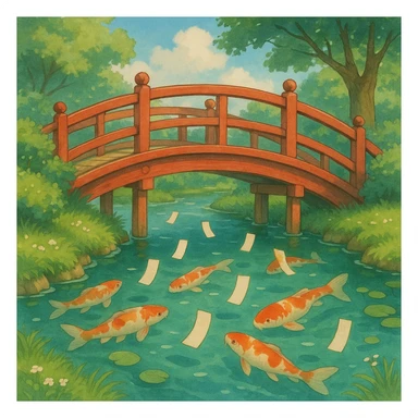 Bridge crossing a koi-filled stream with floating paper wishes. sticker