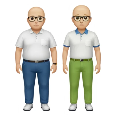 two guys, the first guy is white and have hair but only around his head and not on top, have glases a white dressshirt with rolled up sleeves and green pantsThe second guy has a yellow skin white golf shirt blue jeans and bald they should stand next to eachother they are both really fat  sticker