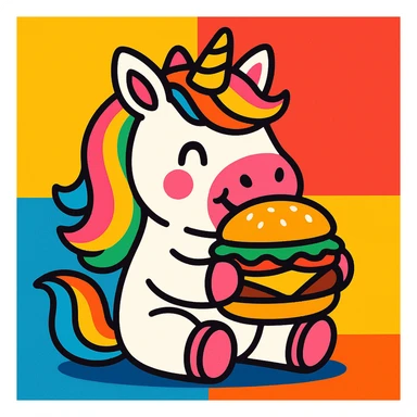 unicorn eating a hamburger, colorful, cheerful sticker