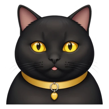 Un gato negro gordito con los ojos de color amarillos sentado con un collar que diga: waina michi sticker