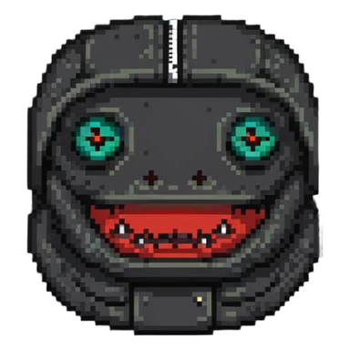 sackface with patches, buttons for eyes, and detailed zipper mouth sticker