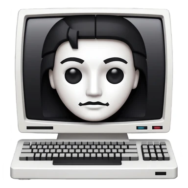 White and black 80s computer with face sticker