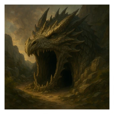 giant dragon head as a cave entrance, fantasy art style sticker