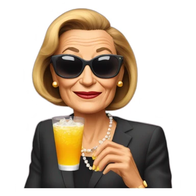 Bernadette Chirac with sunglass with a drink sticker