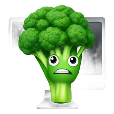 Generate a creative broccoli emoji sitting in front of a computer with a stylus, designing something on a screen. sticker