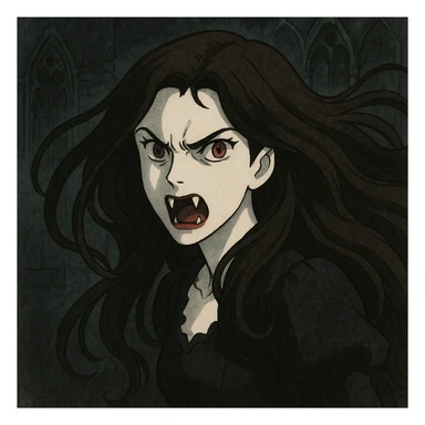 vampire woman, white skin, brunette, long flowing hair, angry face, fangs bared, gothic illustration style sticker