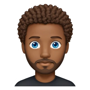 black man with brown curly hair and blue eyes facial hair black shirt sticker