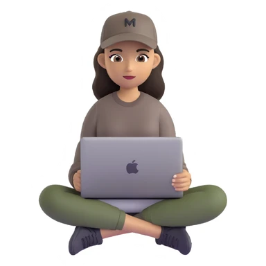 A professional 3D avatar of a young woman with olive skin and long, dark brown hair, wearing a dark, long-sleeved dark taupe shirt and a black baseball cap. She's sitting at a sleek wooden desk, typing on a silver MacBook. sticker