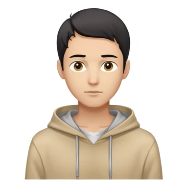 man with short black hair, slender build, light brown hoodie over white inner garment, silver necklace, calm demeanor, gentle expression, looking straight ahead sticker