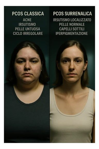 Immagine verticale realistica e cinematografica in italiano: confronto visivo tra PCOS classica e PCOS surrenalica in due donne, con sintomi e segni fisici distinti. Luci cliniche drammatiche. Didascalie in italiano. Aspect ratio 2:3. sticker