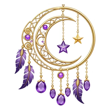 Epic beautiful gorgeous cute gold suncatcher, threads with shiny sparkly amethyst gemstones, flowers, crescents-moons, stars, violet Feathers  sticker