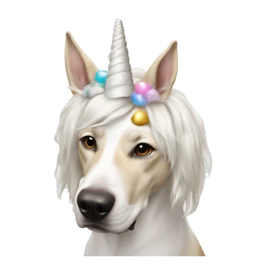 Dog with unicorn horn headband on sniffing white unicorn dust sticker