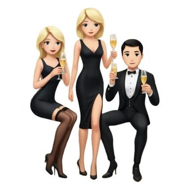 Blonde woman, black, Long, tight, sleveless Dress, Slot left Leg, stockings, man, DARK Hair, in Dinner jacket, Background bedroom, drinking champaign sticker