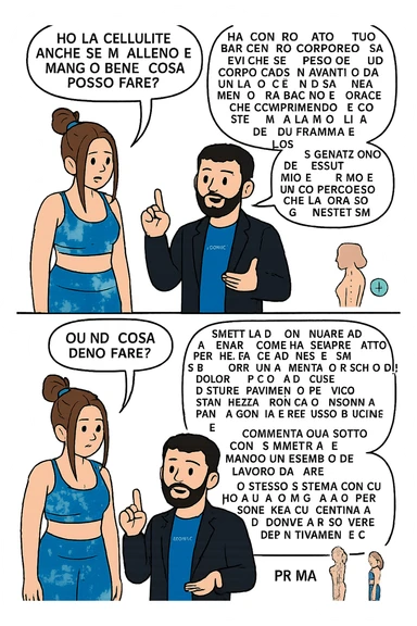 TRASFORMA QUESTO CAROSELLO IN UN FUMETTO CON QUESTE DUE PERSONE IDENTICHE CHE INTERLOQUISCONO TRA LORO:

Ho la cellulite anche se mi alleno e mangio bene, cosa posso fare?

Hai controllato il tuo baricentro corporeo?
Sapevi che se il peso del tuo corpo cade in avanti o da un lato, c’è un disallineamento fra bacino e torace, che comprimendo le coste, limita la motilità del diaframma e l’ossigenazione dei tessuti?
Il mio è il primo e unico percorso che lavora sugli inestetismi con un lavoro mirato sul baricentro corporeo.

Smettila di continuare ad allenarti come hai sempre fatto perché, oltre ad inestetismi visibili, corri un aumentato rischio di:
    • dolori e rigidità diffuse
    • disturbi pavimento pelvico
    • stanchezza cronica o insonnia
    • pancia gonfia e reflusso (bruciore)
    • etc…


Quindi cosa devo fare?
Commenta, qua sotto, con “simmetria” e ti mando un esempio del lavoro da fare. Lo stesso sistema con cui ho aiutato migliaia di persone, fra cui centinaia di donne a risolvere definitivamente gli inestetismi.
Metterei il prima e dopo

Se vuoi che ti aiuti personalmente
SCRIVIMI IN DIRECT sticker