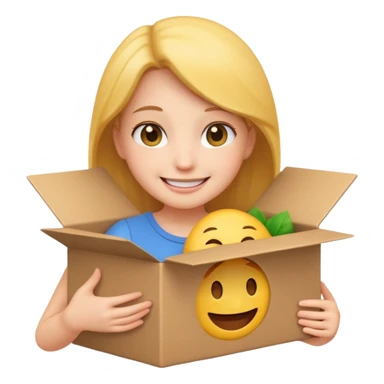 smiling and happy girl emoji holding an open box with no face, the box is clearly open and has no face or expression sticker
