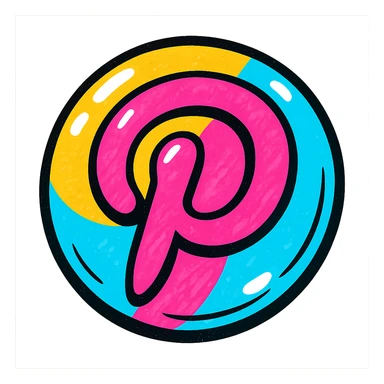 rounded inflated Pinterest logo with clear black outlines, deep shadows, glossy highlights, playful juicy outlined style sticker