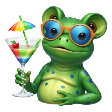 Bufo frog with blue sunglasses, sipping a rainbow cocktail, in bufo style, transparent background sticker