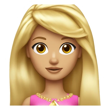 Blonde Barbie with full bangs and long hair and hazel eyes wearing a gold crown sticker