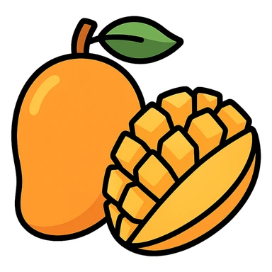 flat vector mango illustration, one whole mango and one sliced half in hedgehog style, no face, no eyes, clean minimal design, white background, high resolution, no background elements sticker