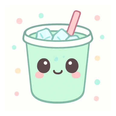 cute kawaii style iced matcha latte with a smiling face, straw, and ice cubes, pastel colors sticker