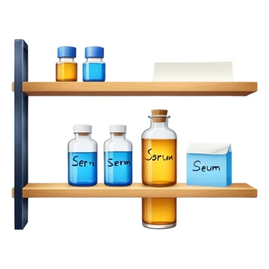 serum bottle on a shelf with a sticky note sticker
