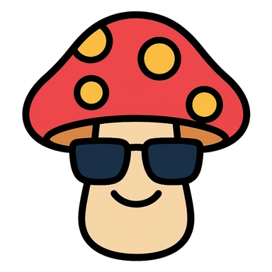colorful icon of a mushroom with sunglasses and a smile sticker