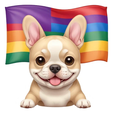 Cream French Bulldog infront of a pride flag sticker
