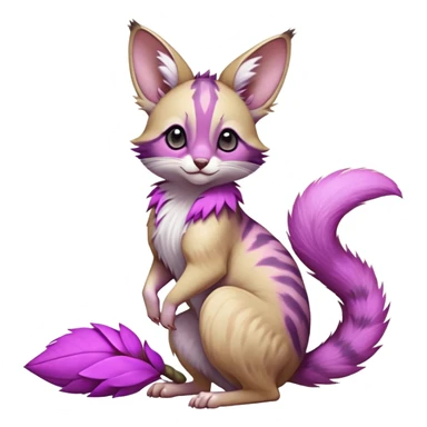 Magenta, purple-pointed, soft realistic romantic vintage antique divine beautiful elegant pretty precious cute young youthful  Fakémon-Pokémon-opossum-feline-mouse-serval-caracal-chinchilla-Minccino-Cinccino-Meowstic-rodent-hybrid-creature with a big fluffy bushy tail (full body) sticker
